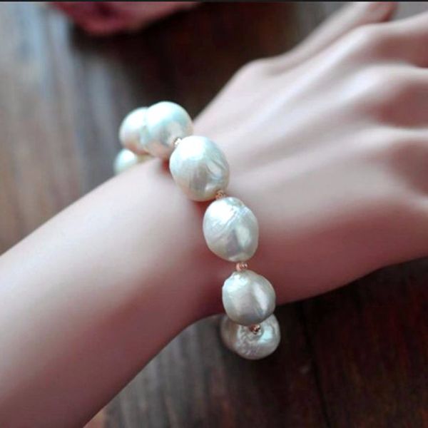 

s925 sterling silver 100% natural white baroque big 11-13mm pearl bracelet fashion elasticity bracelets for women q1210, Black