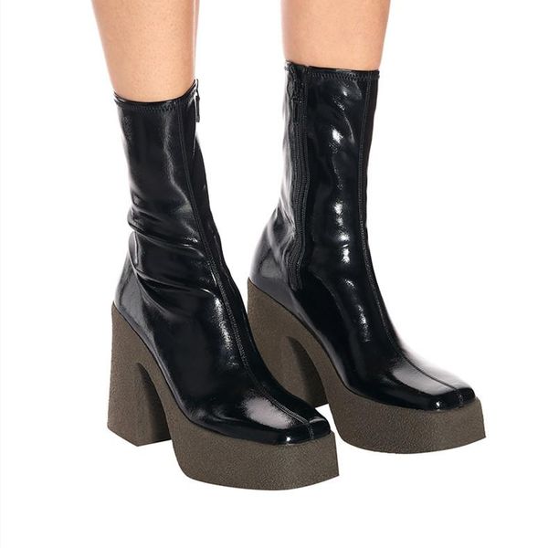 

2020 thick soles ankle boots new british high-heel autumn/winter versatile chunky square-toed nude white leather boots women, Black