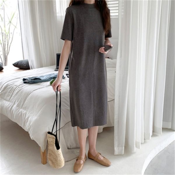 

2021 new temperament mid-length bottoming skirt black short-sleeved half-high collar knitted dress 361n, Black;gray