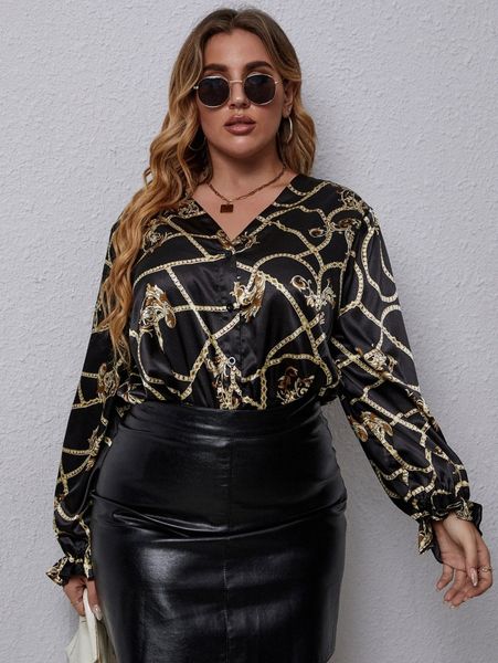 

plus baroque & chain print flounce sleeve bodysuit c6sv#, Black