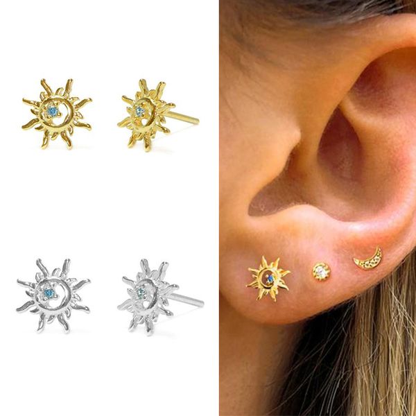 

februaryfrost brand 925 sterling silver blue crystal sun stud earrings for women punk style hollow sun ear studs korean earring fashion jewe, Golden;silver