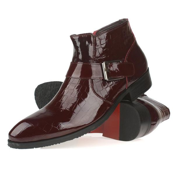 

boots bullock men slip-ons patent cowhide pointed-toe botas hombre short marriage wear pointed toe ankle genuine leather, Black