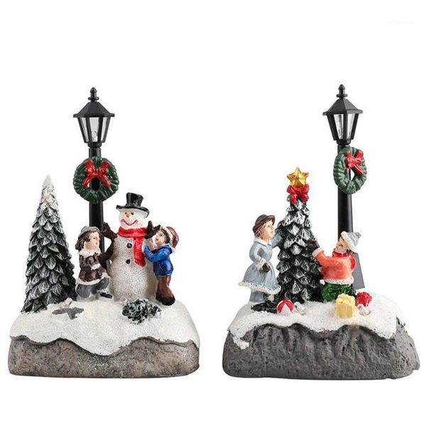 Decorazioni natalizie Ornamento in resina incandescente Albero Pupazzo di neve Decorazioni per feste per 2021 anni Figurine Villaggio Edificio Decorazione domestica1