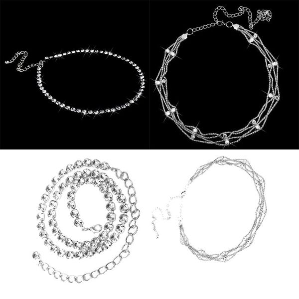 

2pcs women rhinestones chain link belt decorated skinny waistband dress accessory, Black;brown