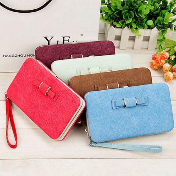 

Women Bowknot Wallet Long Purse Phone Card Holder Clutch Large Capacity Pocket Female Solid PU Wallets