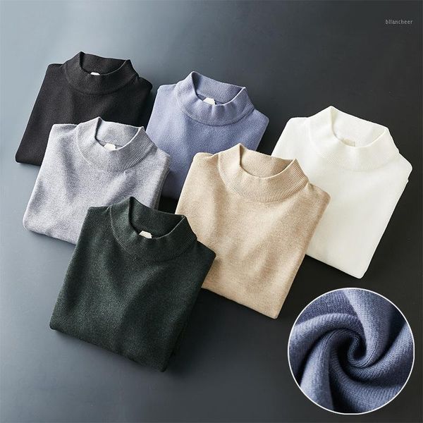 

autumn winter pullover men 2020 half high collar knitting sweater men solid colour cashmere sweater casual mixing wool1, White;black