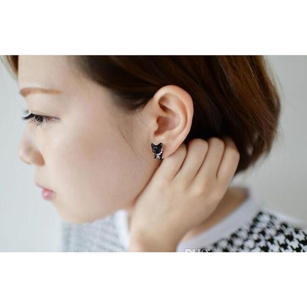 

3d cute black cat piercing stud earrings for women girls and men pearl channel earring fashion jewelry whol sqcrxt new_dhbest, Golden;silver