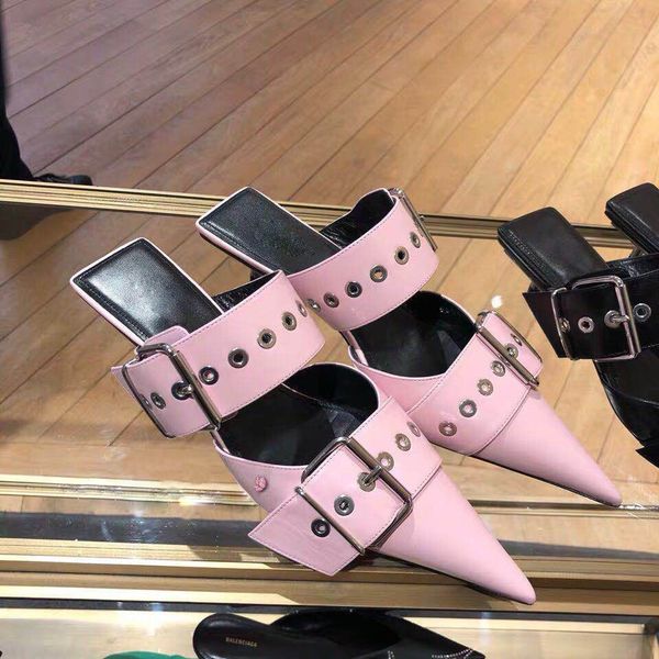 

wanghong spring and summer 2020 new muller shoes rockstud half slippers slim heel middle heel belt buckle wearing pointed sandals, Black