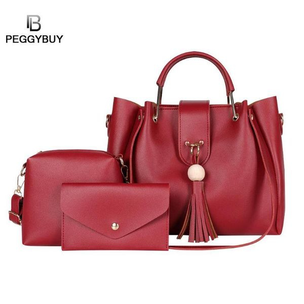 

3pcs/sets high capacity female tassel handbag purse ladies pu leather crossbody bag lady leather tassel crossbody bag tote