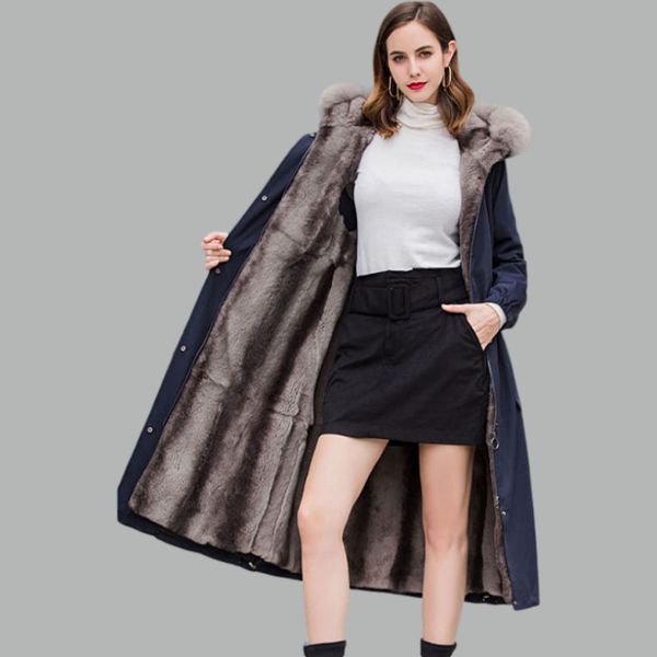 

womens double-faced mujer long rex rabbit skin lining fox fur warm winter clothes plus size jackets 5vp4, Black