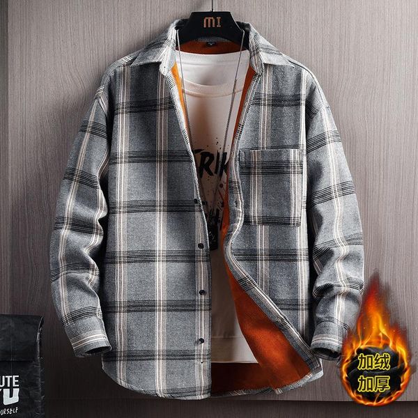 

plaid shirt men's autumn winter plus velvet thick long leeve fashion trend cargo warm shirt jacket camisas men clothing bc50cs, White;black