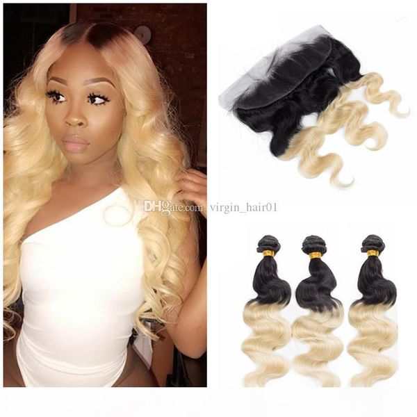 

peruvian virgin human hair bundles blonde ombre body wave hair with ear to ear lace frontal blonde virgin human hair, Black;brown