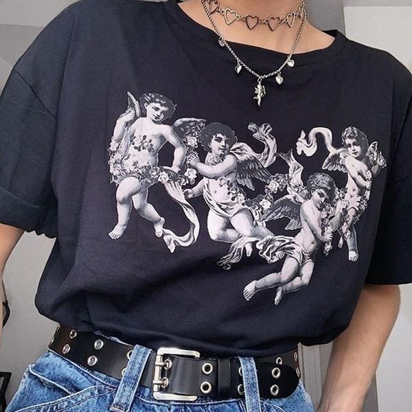 

ulzzang tumblr vogue cute angel print женщина футболка микеланджело летний свободные kawaii мультфильм о-шеи повседневная одежда chic top te, White