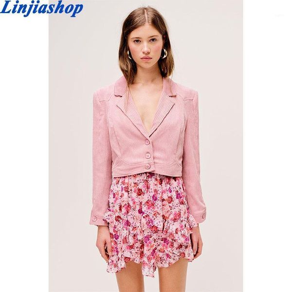 

2020 autumn sweet pink corduroy cropped blazer vintage women slim high waist long sleeve cute coat1, White;black