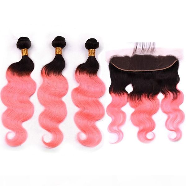 

# 1b rose gold ombre индийский волнистые 3bundles человеческих волос с кружевом фронтальная волны тела розовый ombre утков волос с фронтальн, Black;brown