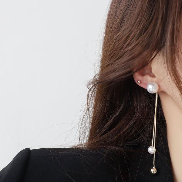

stud two-wear pearl long chain earrings women korean elegant simple jewelry holiday party student daily earring gift, Golden;silver