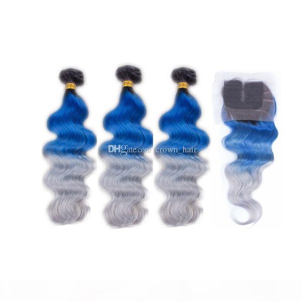 

dark roots 1b blue grey hair 3 bundles extebsions with lace closure body wave ombre color hair weaves 3pcs with closure, Black