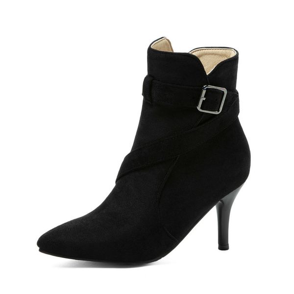 

2021 new fashion flock thin high heel ankle boots pointed toe autumn winter keep warm casual party women shoes big size 34-43 018o, Black