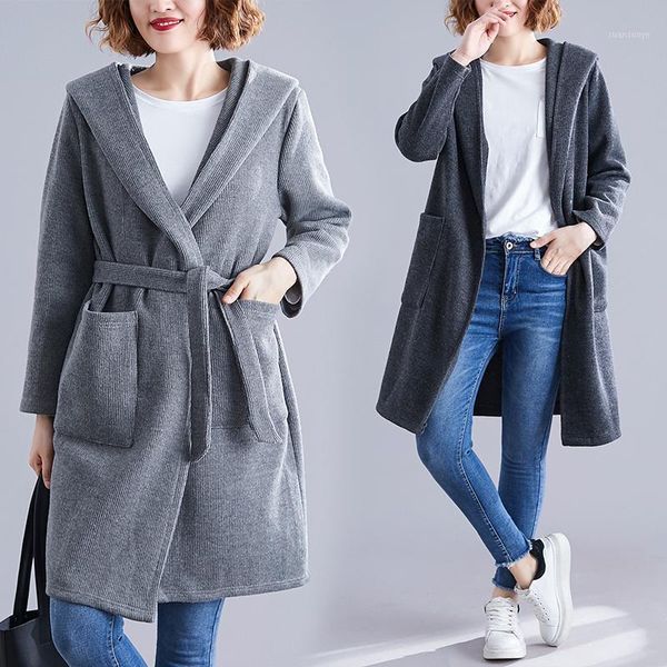 

new autumn women fashion elegant solid color hood outerwear ladies female long drawstring loose wool cardigans jacket coat1, Black;brown