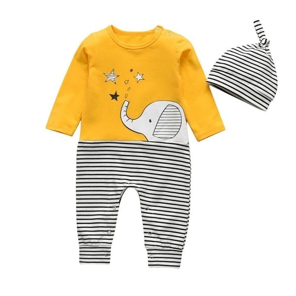 Baby Boys Girls Tomber Мультфильм Слон Pattern Хлопок Длинный Рукав Комбинезон и Шляпа 2 ШТ. Набор Новорожденных Детская Девушка Одежда 201029