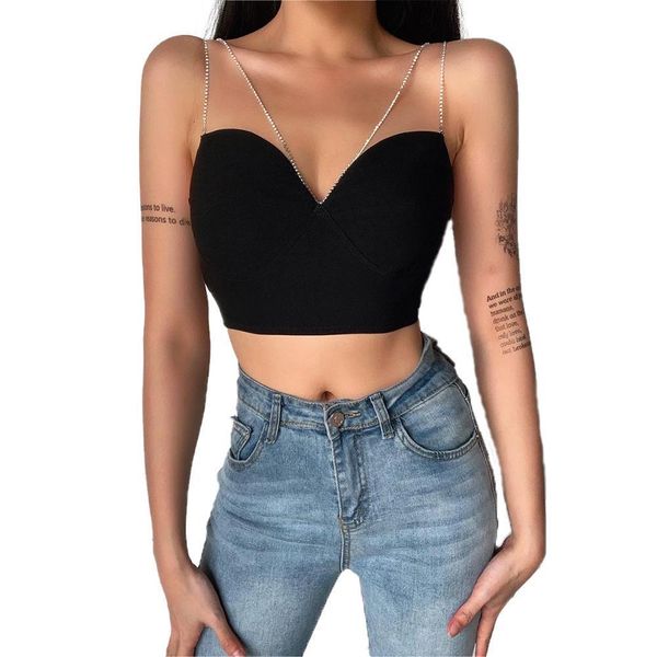 

summer women solid color vest camisole girls v neck sleeveless ladies creative rhinestone chain shoulder strap slim, White