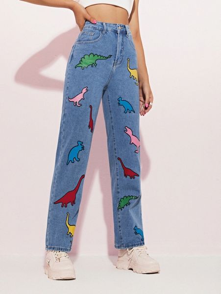 

high waist dinosaur print jeans 75b0#, Blue
