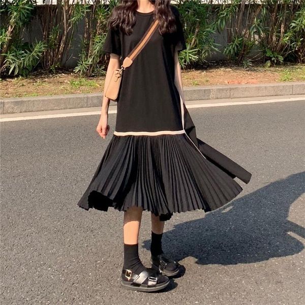 

korean summer retro loose short sleeve dress color-collision stitching fake two dresses irregular pleated dress drop shipping, Black;gray