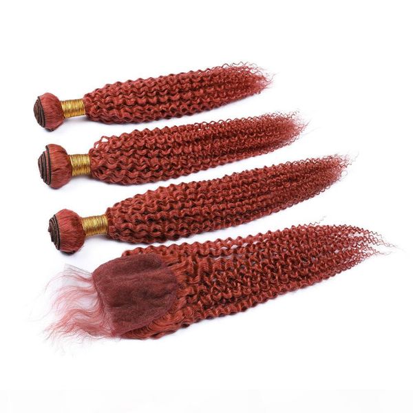 

#350 orange kinky curly malaysian human hair weave wefts with closure 3pcs pure orange 4x4 lace front closure with 3bundles kinky curly hair, Black;brown