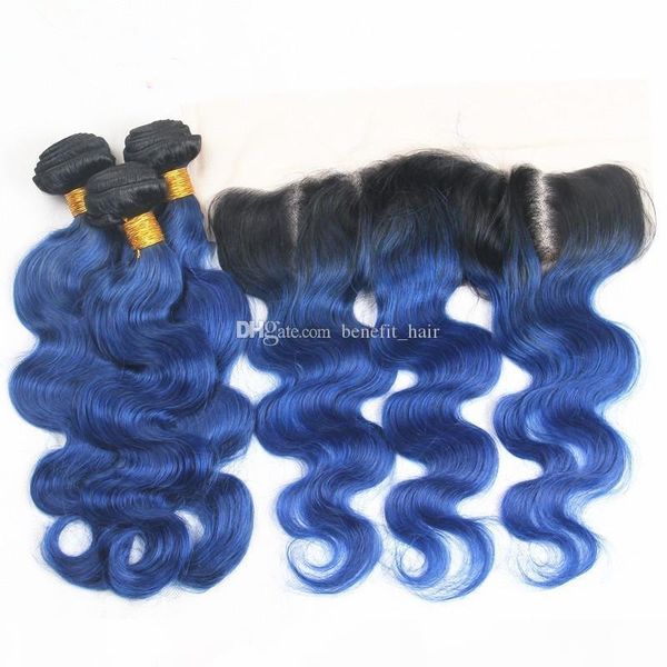 

ombre color 1b blue 13x4 lace frontal with hair extensions dark root body wave 1b blue 3 bundles with lace frontal, Black