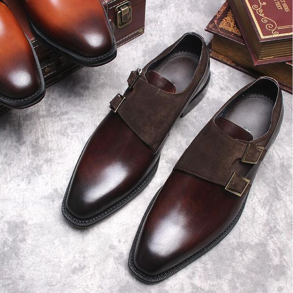 

italy style dress shoes men slip on buckle strap genuine leather patchwork nubuck smart casual goodyear handmade derby oxfords, Black