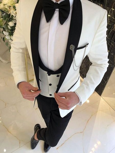 

one button men suits white and black groom tuxedos shawl lapel groomsmen wedding bridegroom ( jacket+pants+vest+tie ) d172, White;black