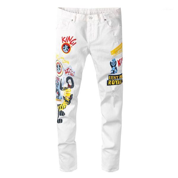 

men's white panda printed jeans fashion colored painted stretch denim pants trousers, Blue