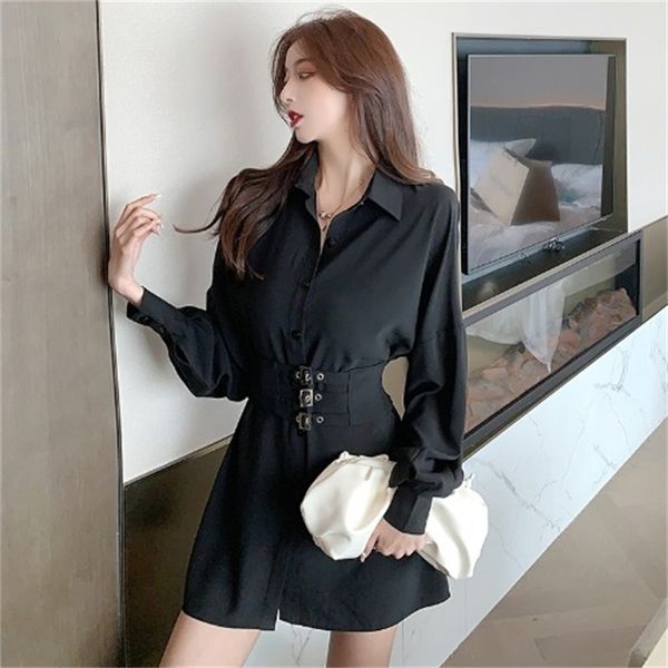 

2021 new elegant black shirt women long sleeve mini party lady 2021 spring sashes high waist office dress korean u8gz, Black;gray