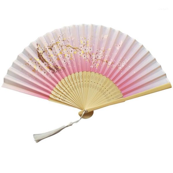 

high-grade silk hand fan green bamboo bones hollow carved single-sided natural bright color plum flower fan1
