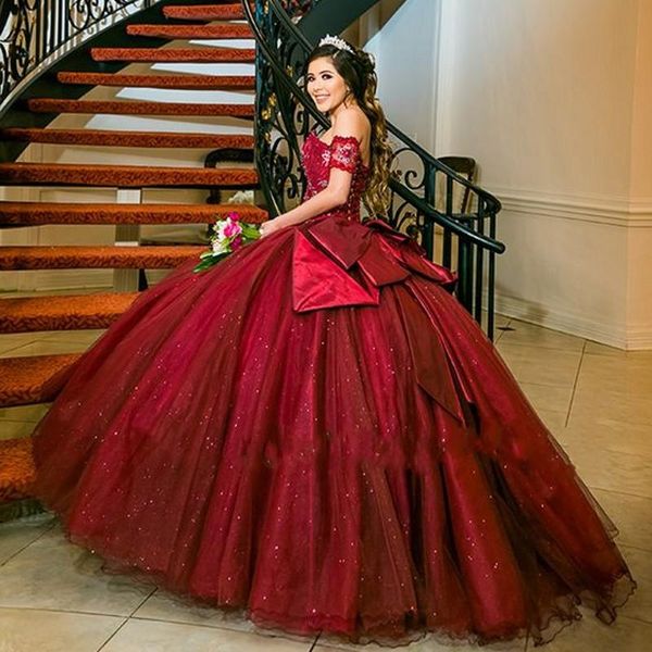 

бургундия quinceanera платья бальное платье девушки 15 anos плеча аппликациями sequined длинные пром платье p9, Blue;red