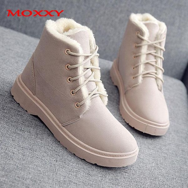 

moxxy 2020 new retro snow boots women platform lace up warm fur winter boots army combat plush ankle shoes woman, Black