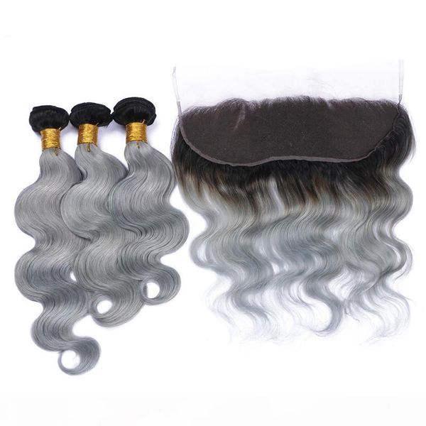 

#1b grey ombre brazilian virgin hair 3bundles with frontal dark roots silver grey ombre 13x4 lace frontal with body wave human hair wefts, Black