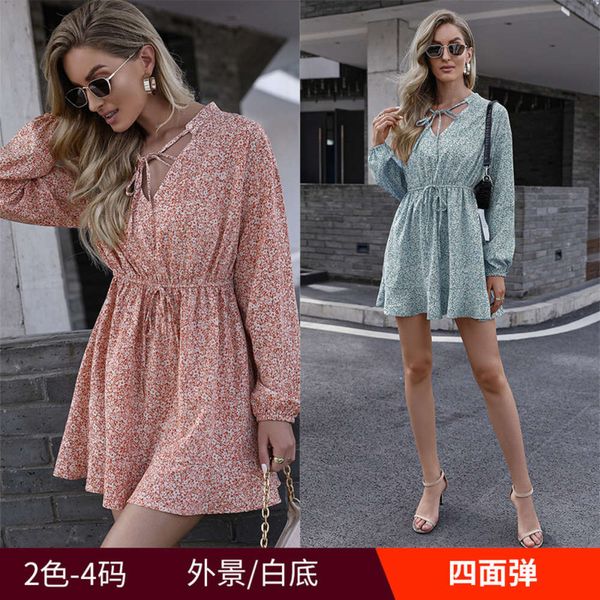 

2021 spring and autumn wear v-neck floral long sleeve medium length drs for women, Black;gray