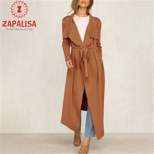 

women's wool & blends zapalisa fashion streetwear wrap women winter coat turn-down collar long sleeve solid color patchwork sashes band, Black