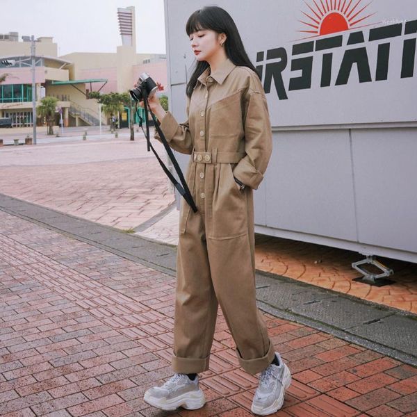 

khaki jumpsuit spring autumn women long sleeve shirt one piece cargo pants female streetwear hip hop loose trousers overalls1, Black;white
