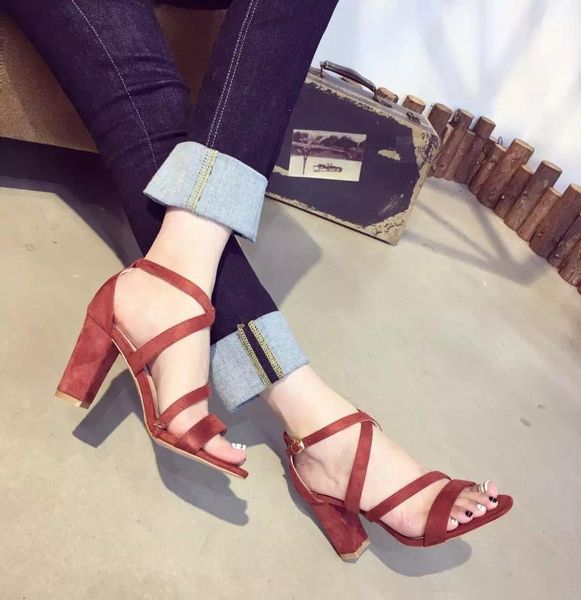 

chaussure escarpin femme talon women's thick high heel sandals 8cm cross strap red beige1, Black
