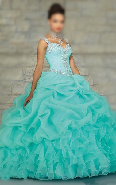 Vestido de baile quinceanera vestido lindo frisado cintas querida organza em camadas coral hortelã menina doce 16 vestido em stock2021