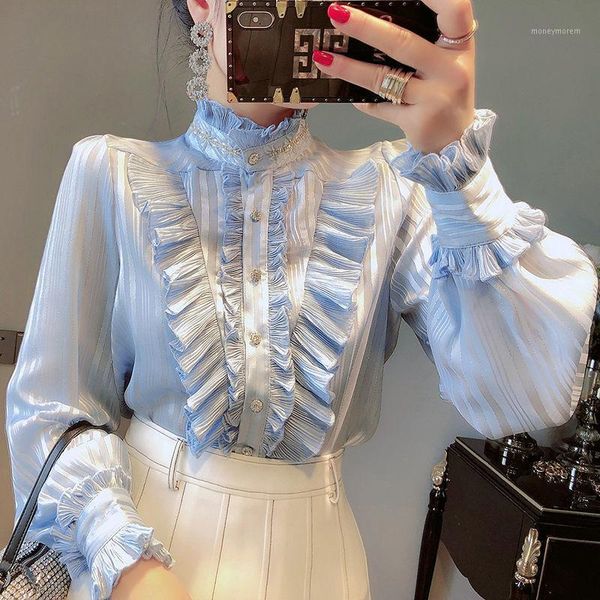 

women's blouses & shirts women 2021 autumn fashion lantern sleeve loose female stand collar chiffon ladies solid color buttons v8001, White