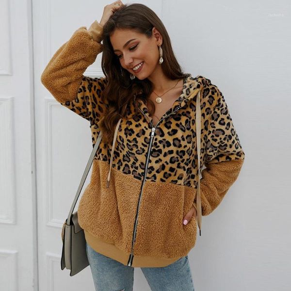 

female jacket autumn winter leopard jacket print patchwork fleece long sleeves cardigan zipper keep warm coat chaqueta mujer1, Black;brown