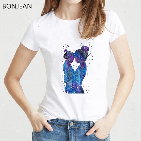 

novelty watercolor t shirt women fashion mother child artwork printed tshirt femme white female vintage t shirt streetwear