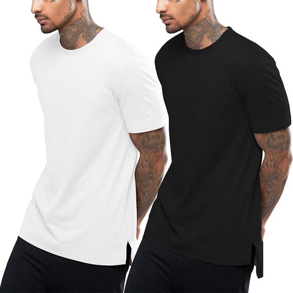 

style front back long side split solid color t-shirt high street casual short sleeve men's hip hop suit, White;black