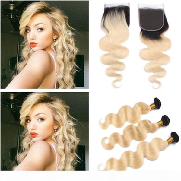 

blonde ombre body wave human hair 3bundles with closure #1b 613 ombre blonde malaysian wavy human hair weaves with 4x4 lace closure, Black;brown