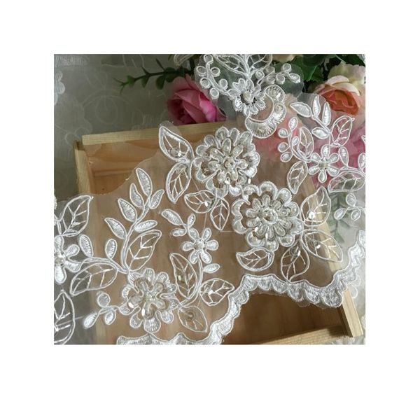 

1yard 21cm beaded ivory, white fabric flower venise venice lace trim applique sewing craft for wedding de sqcdmm