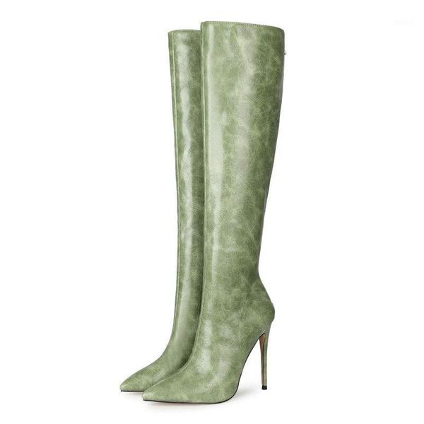 

2021 new faux leather women boots fashion zipper knee high boots thin high heel pointed toe autumn winter long blue1, Black