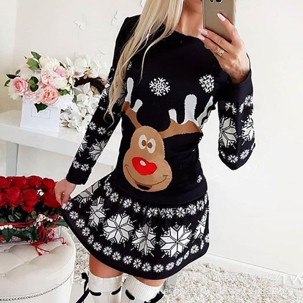 

wepbel women fashion autumn winter long sleeve slim fit christmas knitted dresses ladies xmas print a-line mini sweater dress1, Black;gray